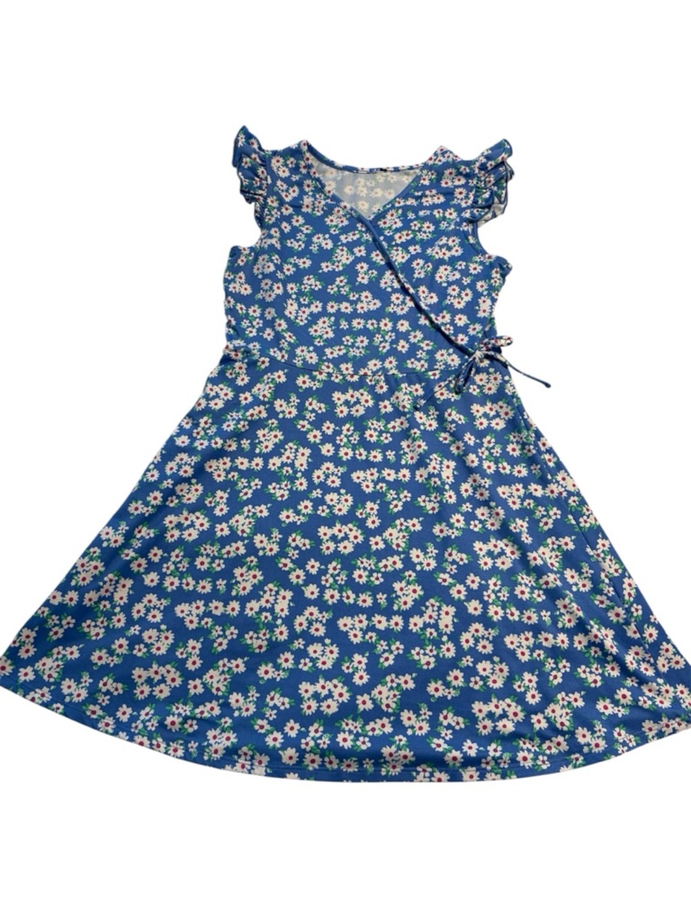 Pink & Violet Blue Daisy Floral Ruffle Wrap Dress Medium 8/10 - Picture 2 of 4